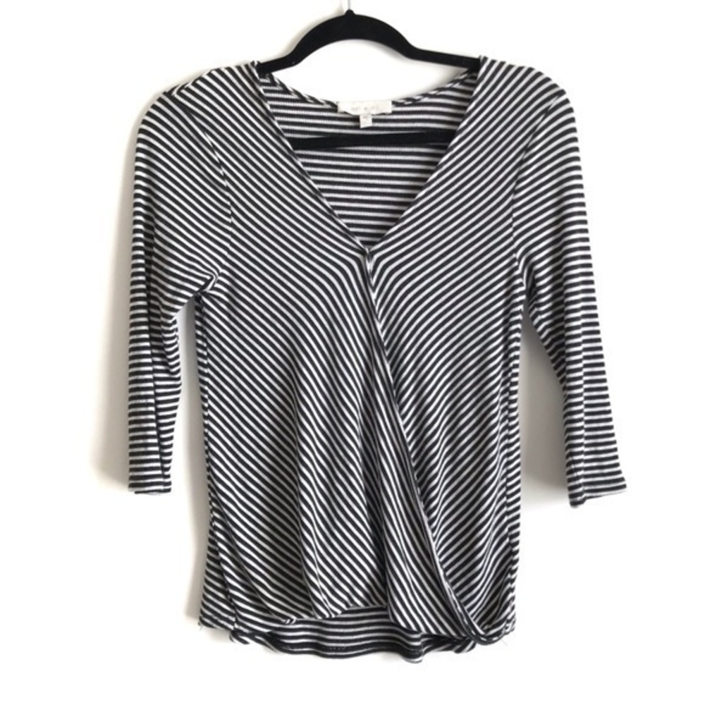 Anthropologie Eri + Ali Black White Striped Ranier Wrap V Neck Top Size Medium